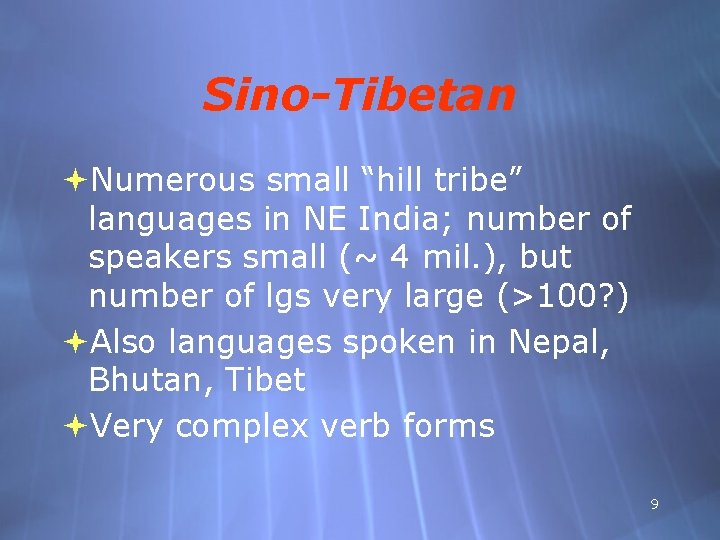 Sino-Tibetan Numerous small “hill tribe” languages in NE India; number of speakers small (~