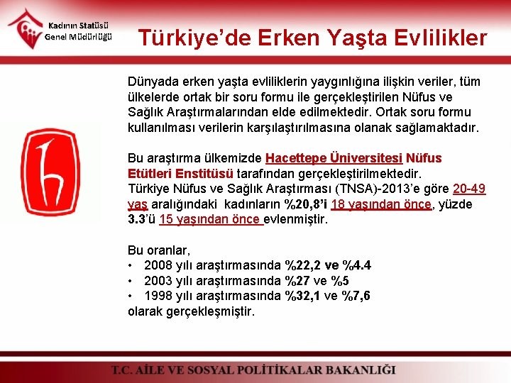 Kadının Statüsü Genel Müdürlüğü Türkiye’de Erken Yaşta Evlilikler Dünyada erken yaşta evliliklerin yaygınlığına ilişkin