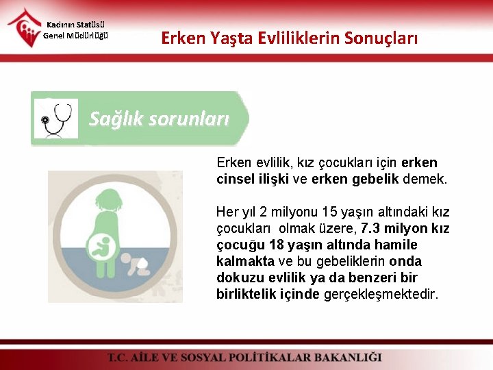 Kadının Statüsü Genel Müdürlüğü Erken Yaşta Evliliklerin Sonuçları Sağlık sorunları Erken evlilik, kız çocukları