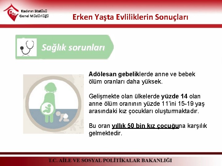 Kadının Statüsü Genel Müdürlüğü Erken Yaşta Evliliklerin Sonuçları Sağlık sorunları Adölesan gebeliklerde anne ve