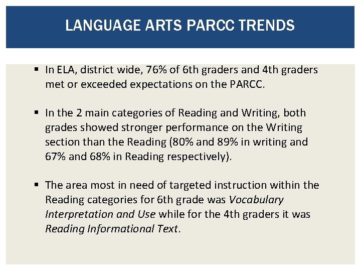 LANGUAGE ARTS PARCC TRENDS § In ELA, district wide, 76% of 6 th graders