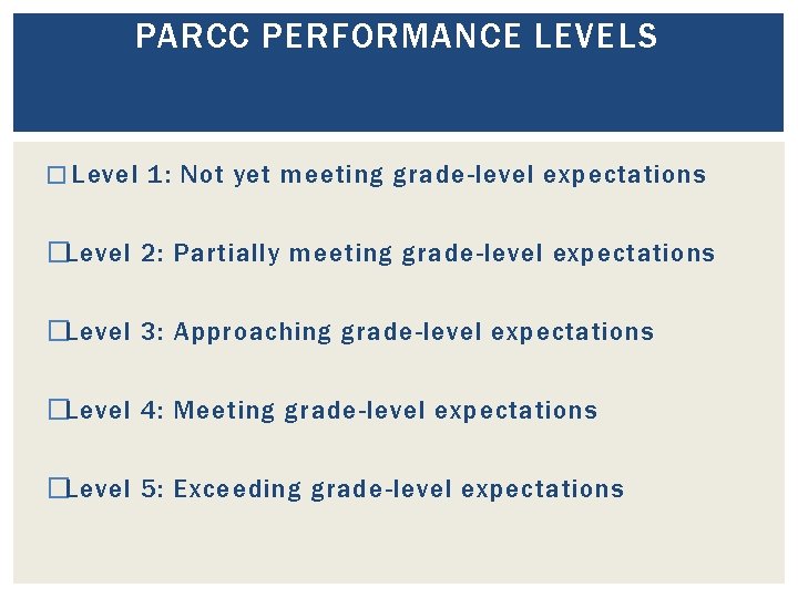 PARCC PERFORMANCE LEVELS � Level 1: Not yet meeting grade-level expectations �Level 2: Partially