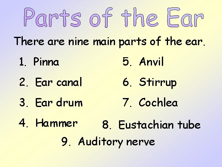There are nine main parts of the ear. 1. Pinna 5. Anvil 2. Ear There are nine main parts of the ear. 1. Pinna 5. Anvil 2. Ear