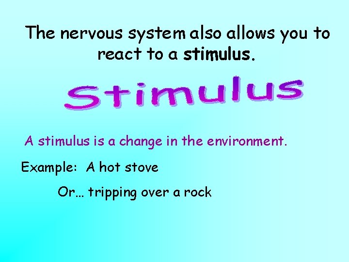The nervous system also allows you to react to a stimulus. A stimulus is The nervous system also allows you to react to a stimulus. A stimulus is