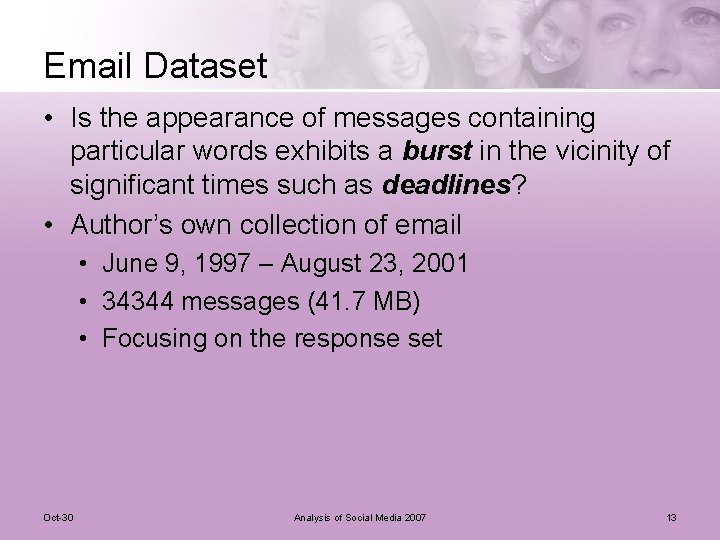 Email Dataset • Is the appearance of messages containing particular words exhibits a burst