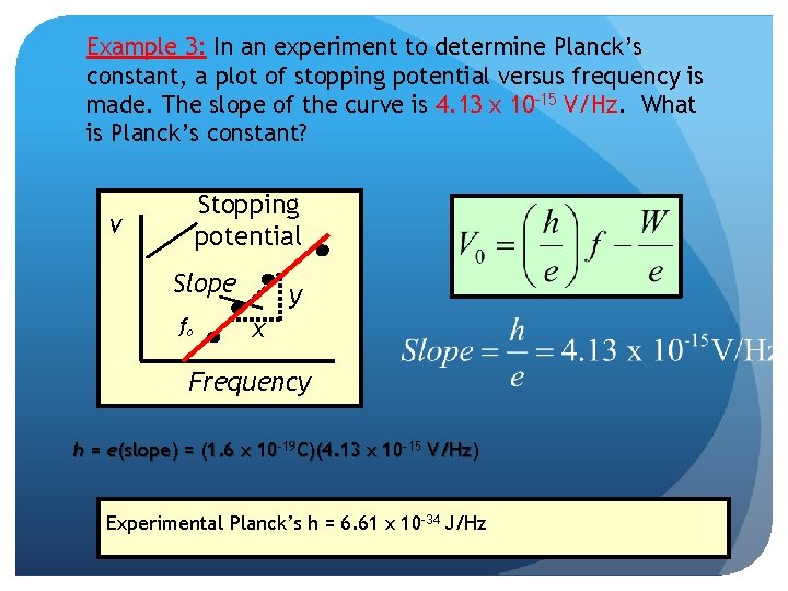 Example 3: In an experiment to determine Planck’s constant, a plot of stopping potential