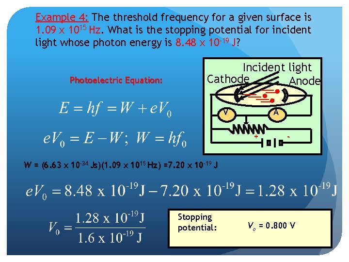 Example 4: The threshold frequency for a given surface is 1. 09 x 1015