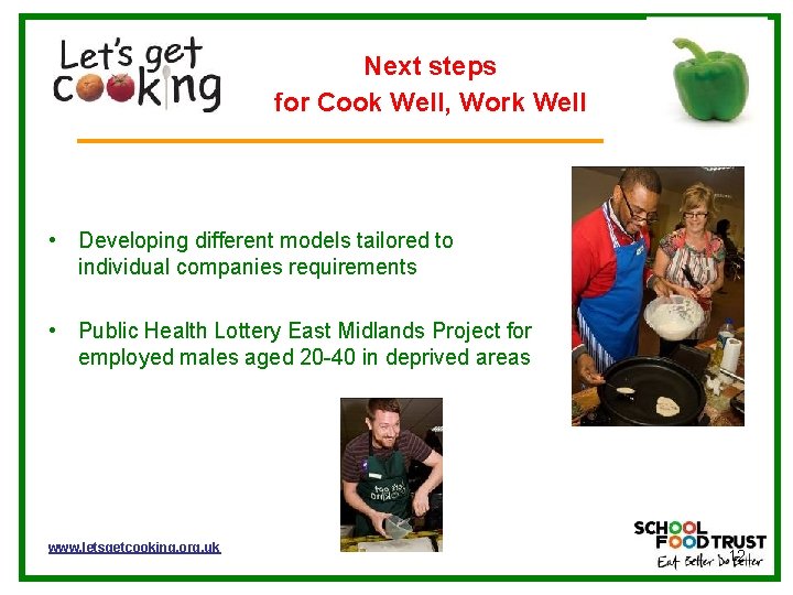 Next steps for Cook Well, Work Well • Developing different models tailored to individual