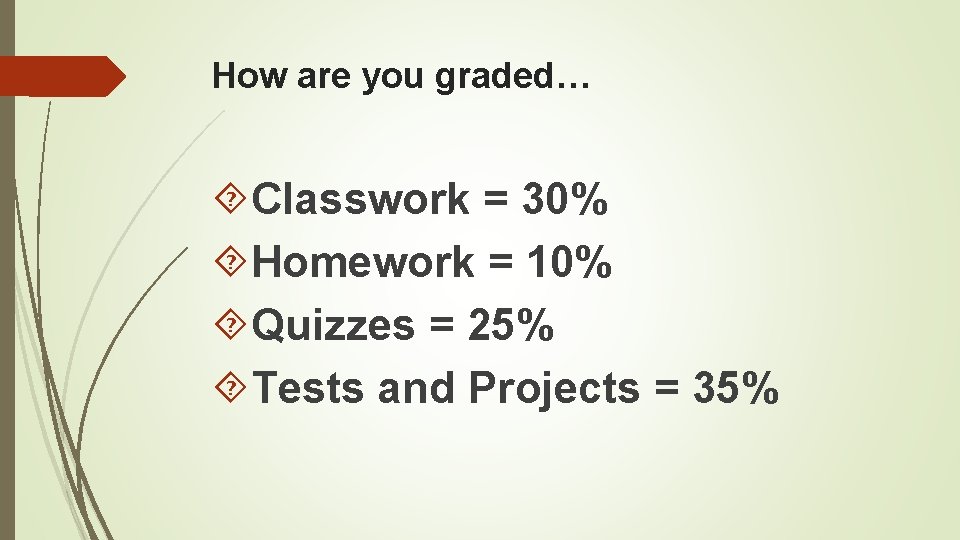 How are you graded… Classwork = 30% Homework = 10% Quizzes = 25% Tests