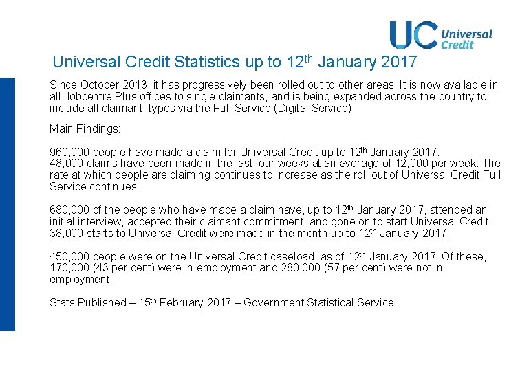 Universal Credit Statistics up to 12 th January 2017 Since October 2013, it Universal Credit Statistics up to 12 th January 2017 Since October 2013, it