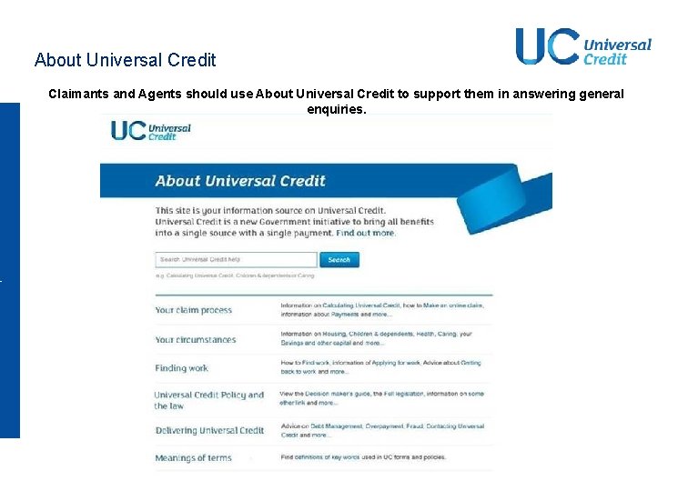 About Universal Credit Claimants and Agents should use About Universal Credit to support them About Universal Credit Claimants and Agents should use About Universal Credit to support them