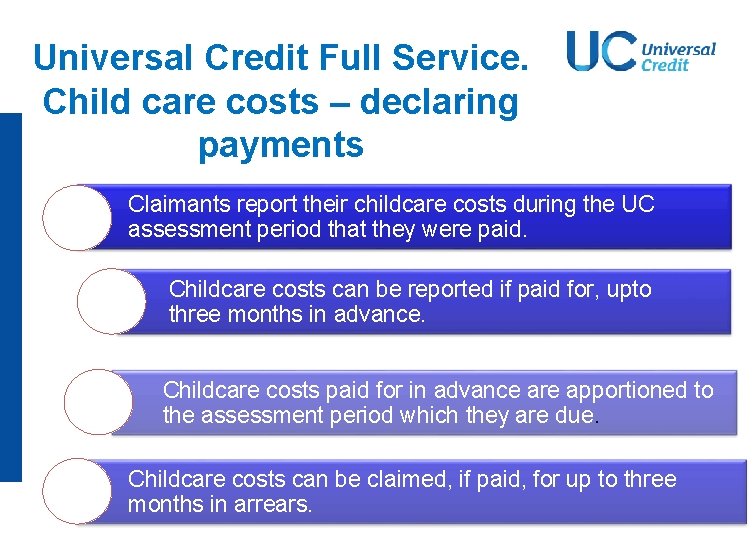 Universal Credit Full Service. Child care costs – declaring payments Claimants report their childcare Universal Credit Full Service. Child care costs – declaring payments Claimants report their childcare