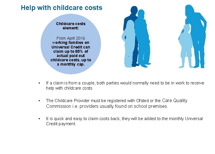 Help with childcare costs Childcare costs element: From April 2016 working families on Universal Help with childcare costs Childcare costs element: From April 2016 working families on Universal