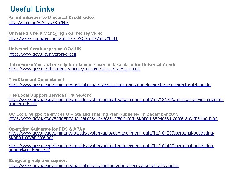 Useful Links An introduction to Universal Credit video http: //youtu. be/E 7 GUu 7 Useful Links An introduction to Universal Credit video http: //youtu. be/E 7 GUu 7