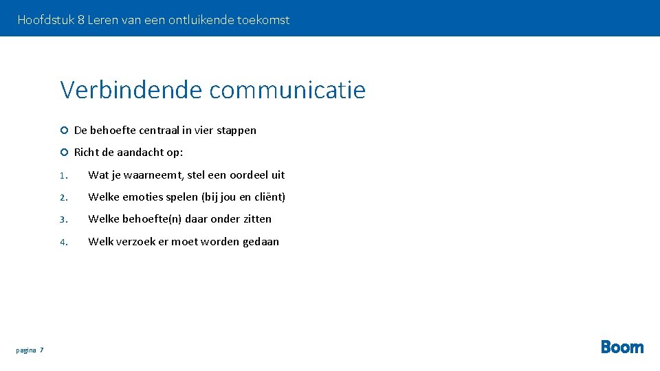 Hoofdstuk 8 Leren van een ontluikende toekomst Verbindende communicatie pagina 7 De behoefte centraal