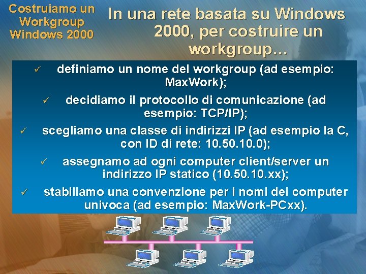 Costruiamo un Workgroup Windows 2000 definiamo un nome del workgroup (ad esempio: Max. Work);