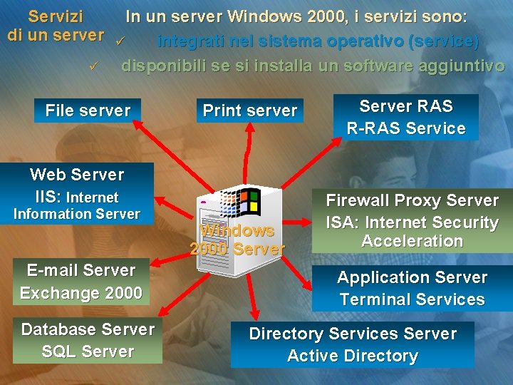 Servizi di un server ü In un server Windows 2000, i servizi sono: ü