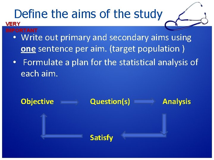 Define the aims of the study VERY IMPORTANT • Write out primary and secondary Define the aims of the study VERY IMPORTANT • Write out primary and secondary