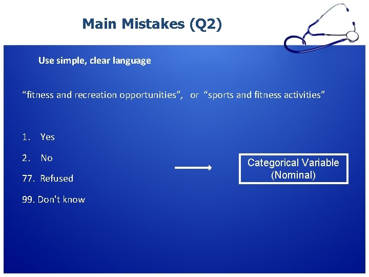 Main Mistakes (Q 2) Use simple, clear language “fitness and recreation opportunities”, or “sports Main Mistakes (Q 2) Use simple, clear language “fitness and recreation opportunities”, or “sports