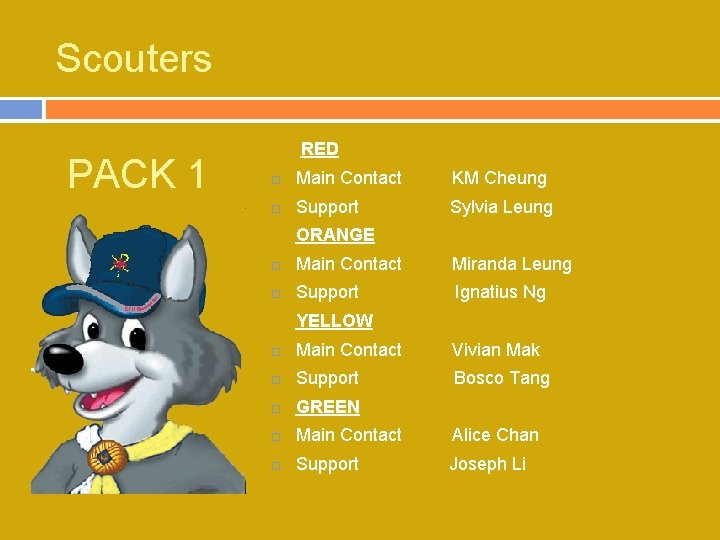 Scouters PACK 1 RED Main Contact KM Cheung Support Sylvia Leung ORANGE Main Contact