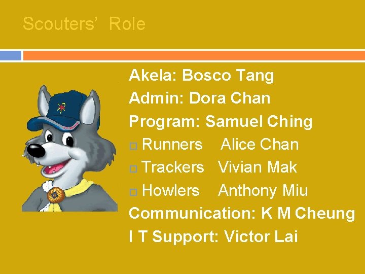 Scouters’ Role Akela: Bosco Tang Admin: Dora Chan Program: Samuel Ching Runners Alice Chan