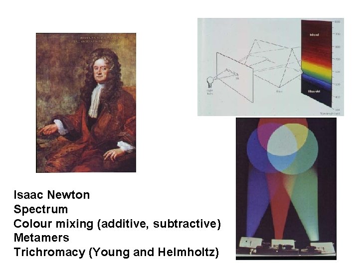 Isaac Newton Spectrum Colour mixing (additive, subtractive) Metamers Trichromacy (Young and Helmholtz) 