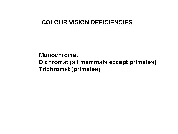 COLOUR VISION DEFICIENCIES Monochromat Dichromat (all mammals except primates) Trichromat (primates) 