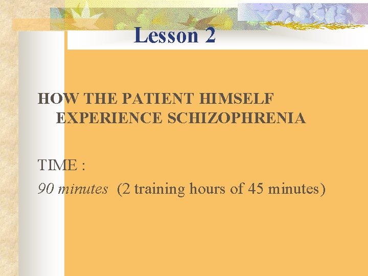 Lesson 2 HOW THE PATIENT HIMSELF EXPERIENCE SCHIZOPHRENIA TIME : 90 minutes (2 training