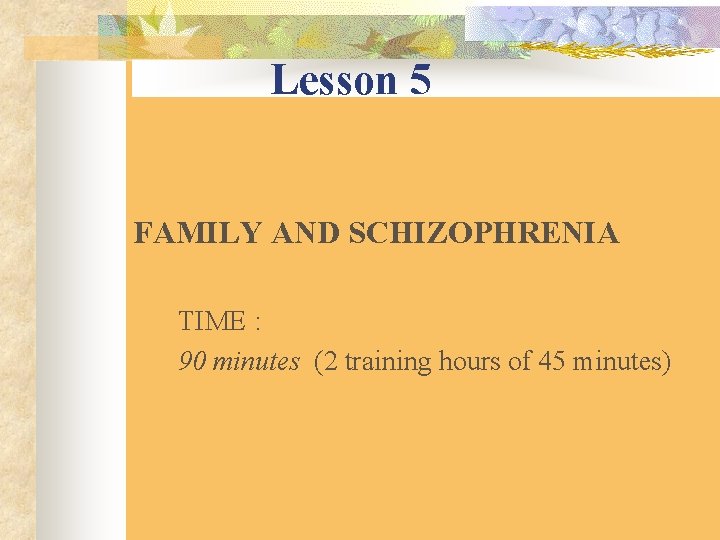 Lesson 5 FAMILY AND SCHIZOPHRENIA TIME : 90 minutes (2 training hours of 45