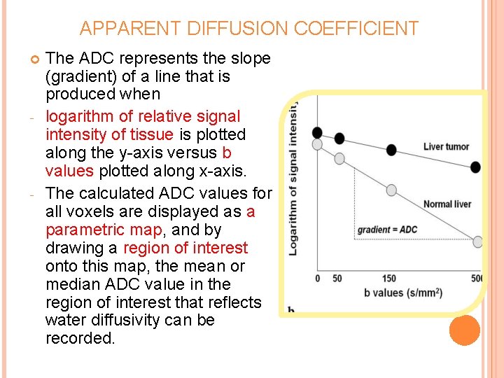 APPARENT DIFFUSION COEFFICIENT - - The ADC represents the slope (gradient) of a line