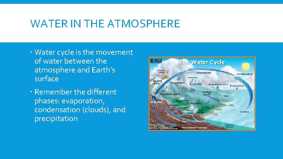 WATER IN THE ATMOSPHERE Water cycle is the movement of water between the atmosphere