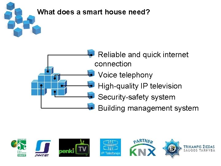 What does a smart house need? Reliable and quick internet connection Voice telephony High-quality