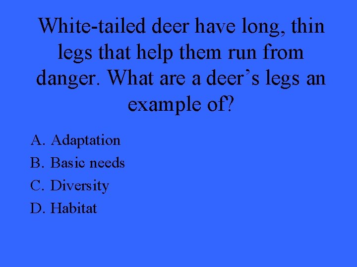 White-tailed deer have long, thin legs that help them run from danger. What are