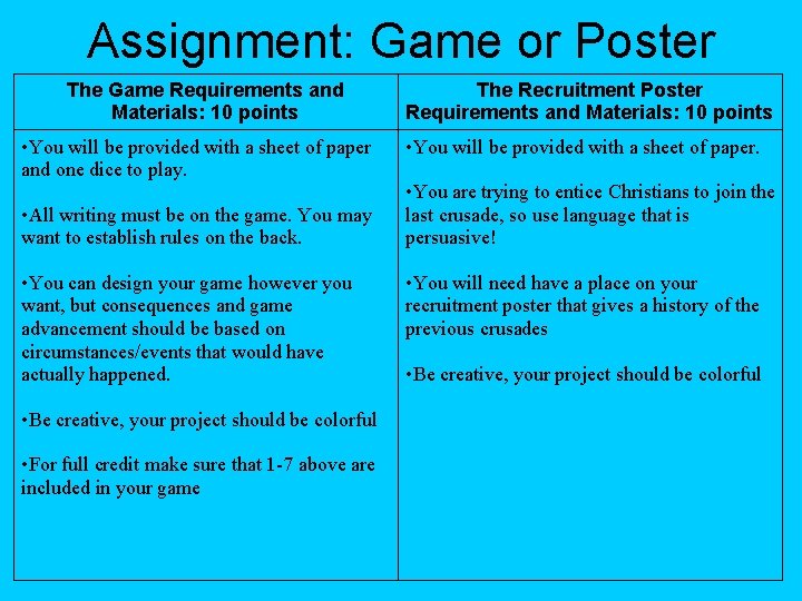 Assignment: Game or Poster The Game Requirements and Materials: 10 points • You will