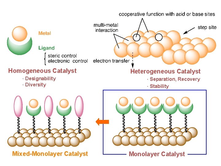 Homogeneous Catalyst · Designability · Diversity Mixed-Monolayer Catalyst Heterogeneous Catalyst · Separation, Recovery ·