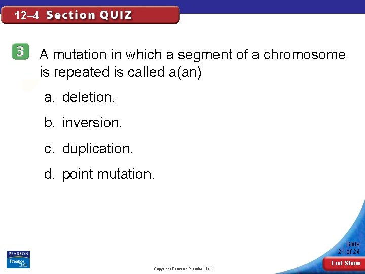12– 4 A mutation in which a segment of a chromosome is repeated is