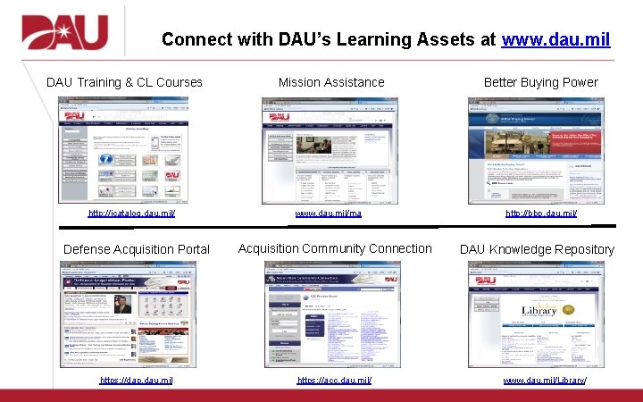 Connect with DAU’s Learning Assets at www. dau. mil DAU Training & CL Courses
