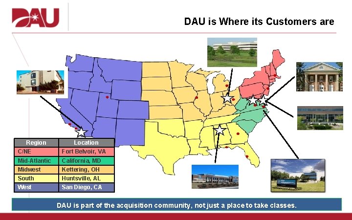 DAU is Where its Customers are Region Location C/NE Fort Belvoir, VA Mid-Atlantic Midwest