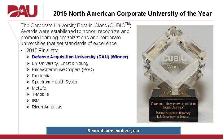 2015 North American Corporate University of the Year TM The Corporate University Best-in-Class (CUBIC