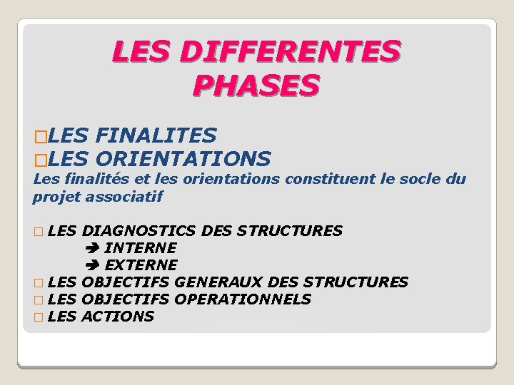 LES DIFFERENTES PHASES �LES FINALITES ORIENTATIONS Les finalités et les orientations constituent le socle