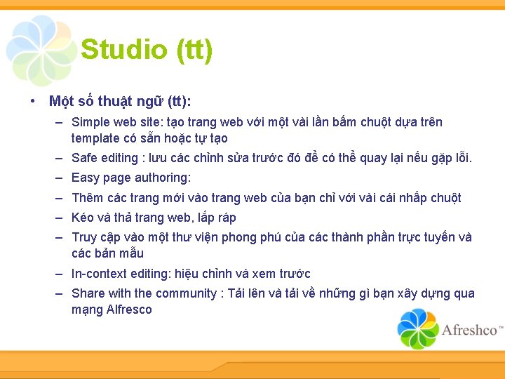 Studio (tt) • Một số thuật ngữ (tt): – Simple web site: tạo trang