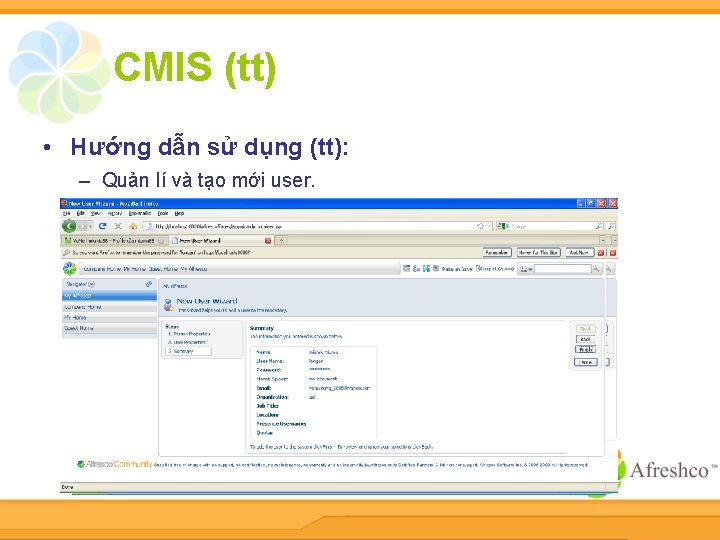 CMIS (tt) • Hướng dẫn sử dụng (tt): – Quản lí và tạo mới