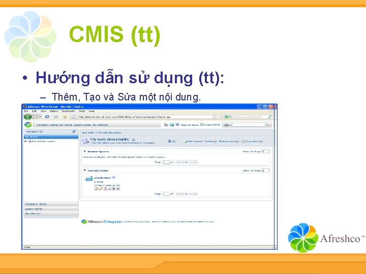 CMIS (tt) • Hướng dẫn sử dụng (tt): – Thêm, Tạo và Sửa một