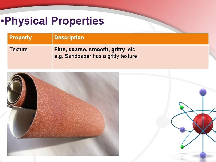  • Physical Properties Property Description Texture Fine, coarse, smooth, gritty, etc. e. g.