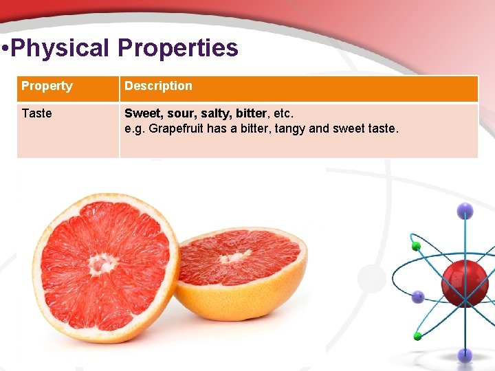  • Physical Properties Property Description Taste Sweet, sour, salty, bitter, etc. e. g.