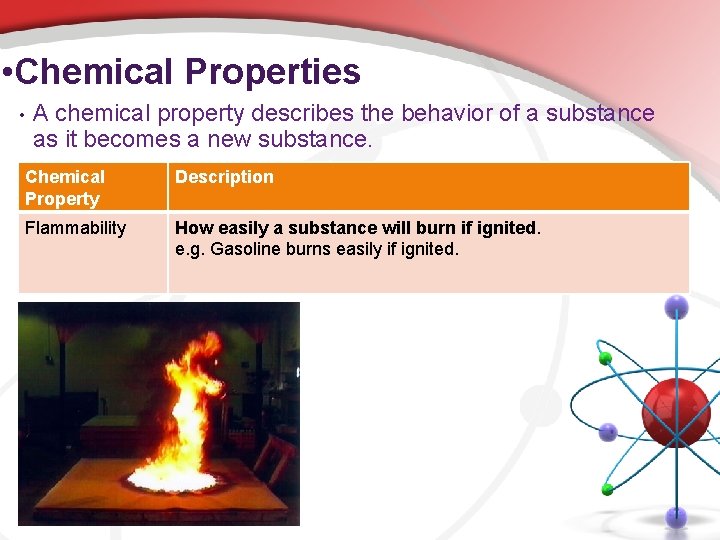  • Chemical Properties • A chemical property describes the behavior of a substance