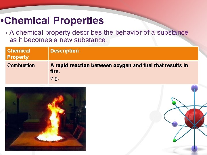  • Chemical Properties • A chemical property describes the behavior of a substance