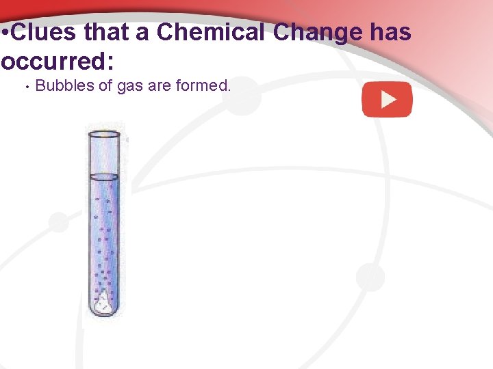  • Clues that a Chemical Change has occurred: • Bubbles of gas are