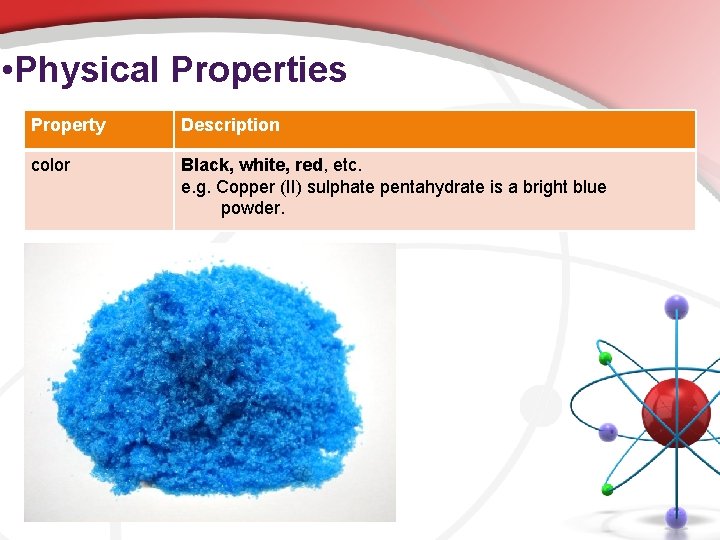  • Physical Properties Property Description color Black, white, red, etc. e. g. Copper