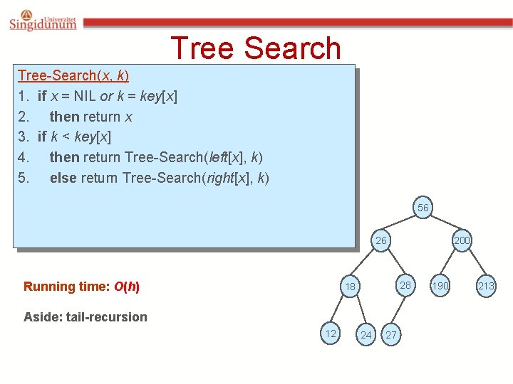 Tree Search Tree-Search(x, k) 1. if x = NIL or k = key[x] 2.
